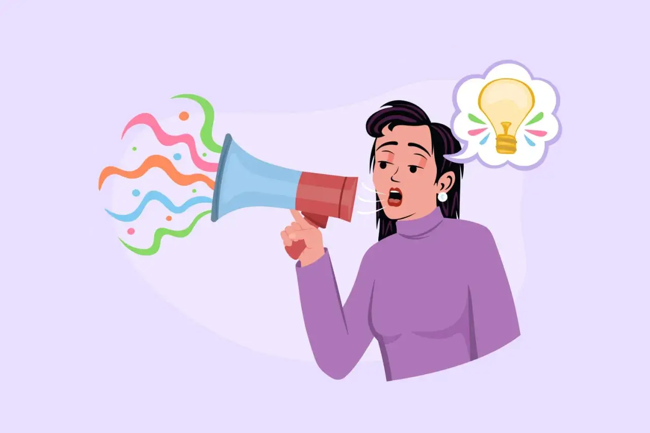 Mujer con megáfono, emitiendo ideas brillantes. Aprende la pronunciación francesa y hazte oír.