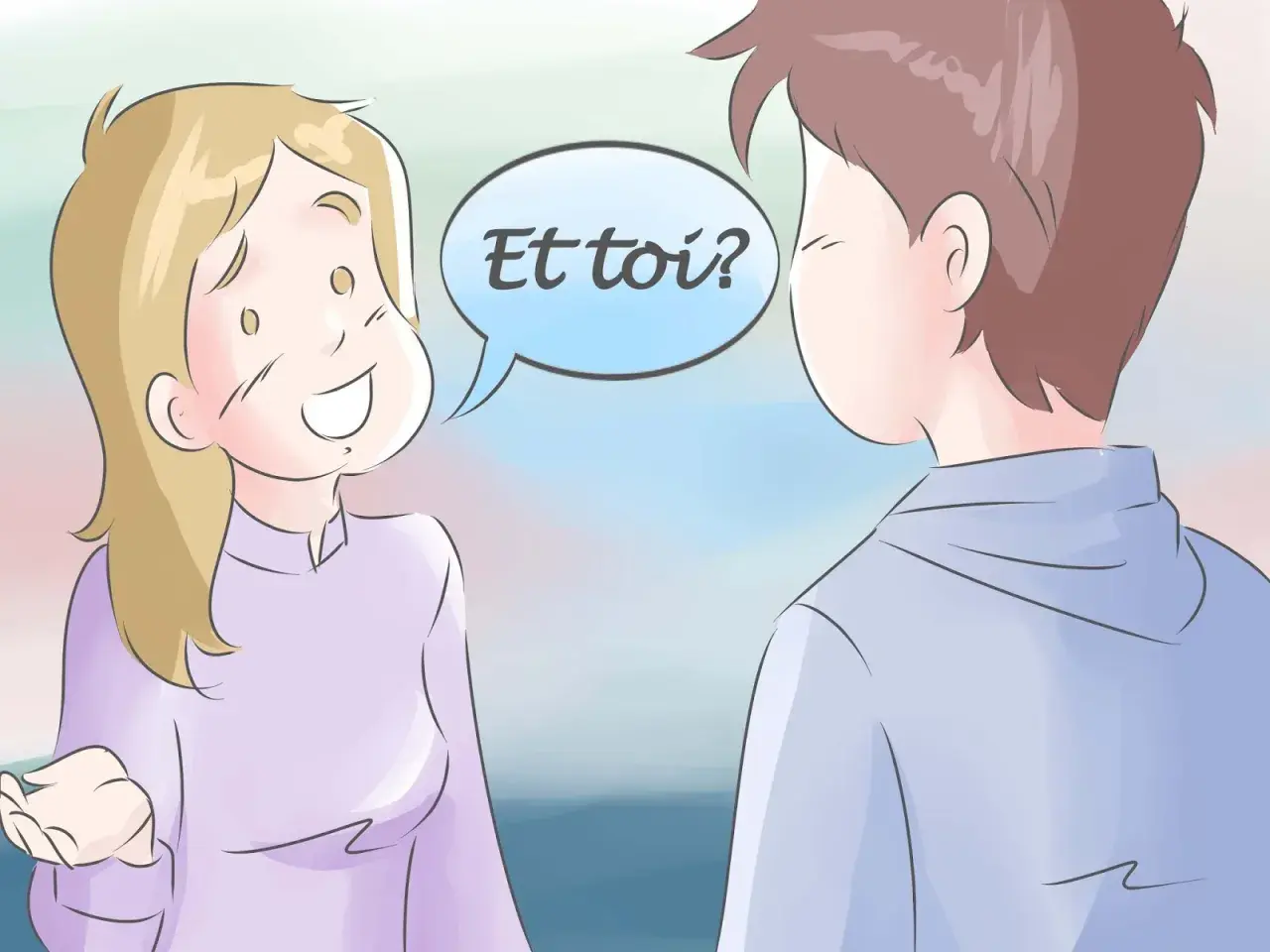 Una chica sonriente pregunta "¿Y tú?" en un globo de diálogo, como en un saludo en francés por email.