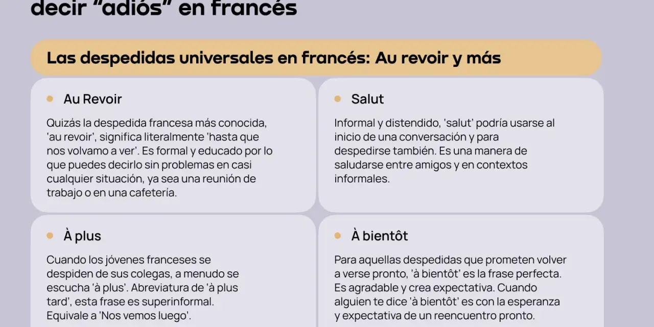 Au revoir" y más: el arte de decir "adiós" en francés. Explora despedidas como "Au Revoir", "À plus", "Salut" y "À bientôt".