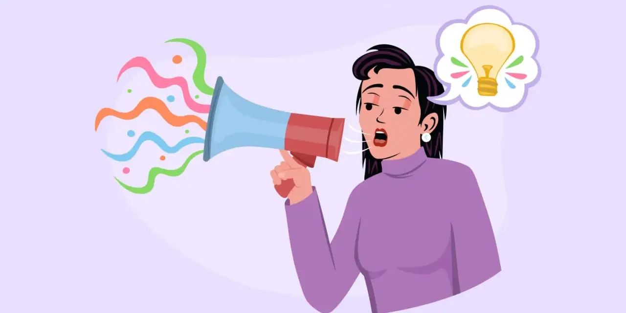 Mujer con megáfono, emitiendo ideas brillantes. Aprende la pronunciación francesa y hazte oír.