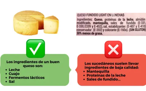Queso real vs. sucedáneo. El queso bueno tiene leche y cuajo. Los sucedáneos, con mantequilla y proteínas de la leche, pueden tener más calorías.