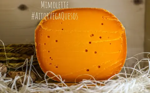 Un trozo de queso Mimolette, de color naranja intenso y con pequeños agujeros, descansa sobre paja. ¡Un queso mimolette peligroso por lo delicioso!
