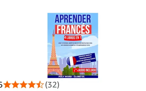 Portada de libro "Aprender Francés", con la Torre Eiffel y la bandera francesa. Incluye "comic en francés" y "audio incluido".