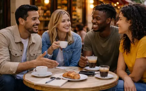 Amigos riendo y tomando café en una terraza. Uno dice "hola en francés" mientras comparten un croissant.
