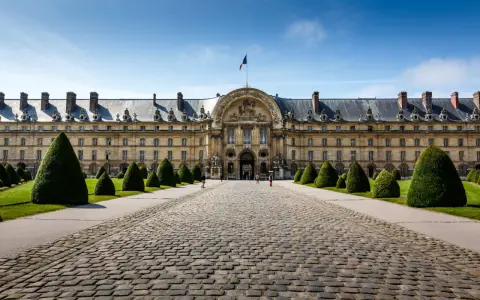 El majestuoso edificio de Les Invalides, donde se encuentra la tumba de Napoleón, con su fachada dorada y jardines cuidados.