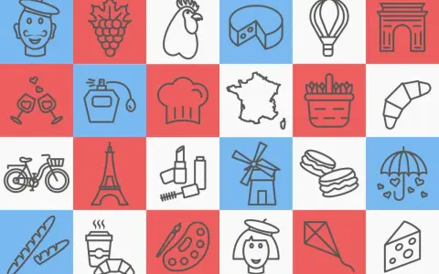 Iconos que representan el logo de Francia: Torre Eiffel, baguette, queso, macaron, gorro de chef, mapa de Francia, y más.