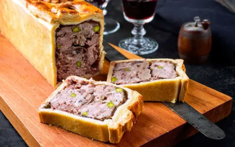 Deliciosa pate en croute receta, un pastel de carne jugoso y sabroso, listo para ser cortado y disfrutado.