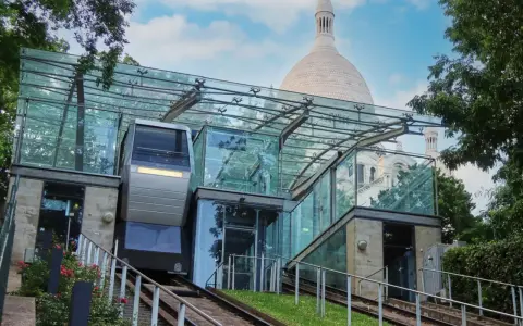 El funicular de Montmartre, con su moderna estación de cristal, asciende hacia la basílica del Sacré-Cœur bajo un cielo azul.