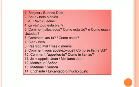 Lista de frases en francés y español. La número 2, "Salut", significa "hola o adiós" en español.