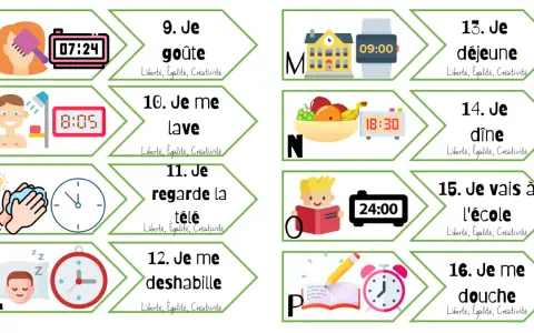 Tarjetas para practicar francés: "Je goûte" (9), "Je me lave" (10), "Je regarde la télé" (11), "Je me déshabille" (12), "Je déjeune" (13), "Je dîne" (14), "Je vais à l'école" (15), "Je me douche" (16).