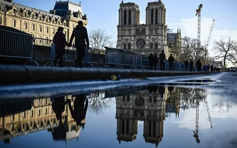 Reflejo de Notre Dame en un charco. A pesar de las vallas, la entrada a Notre Dame es gratis para admirar su majestuosidad.