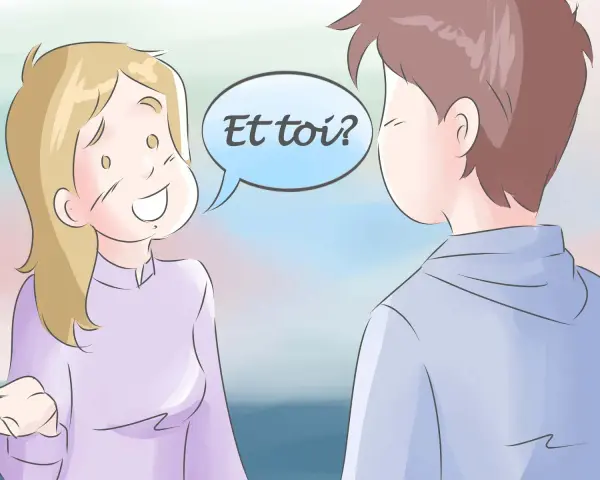 Una chica sonriente pregunta "¿Y tú?" en un globo de diálogo, como en un saludo en francés por email.