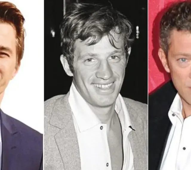 Tres actores franceses icónicos: Jean-Paul Belmondo, Vincent Cassel y un tercer actor.