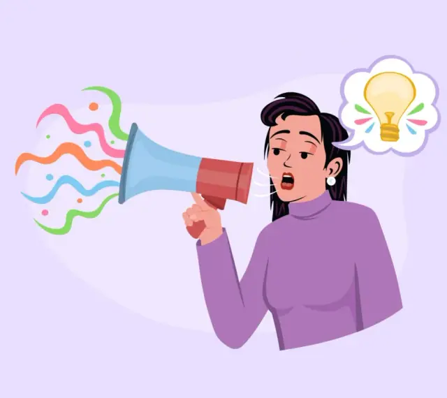 Mujer con megáfono, emitiendo ideas brillantes. Aprende la pronunciación francesa y hazte oír.