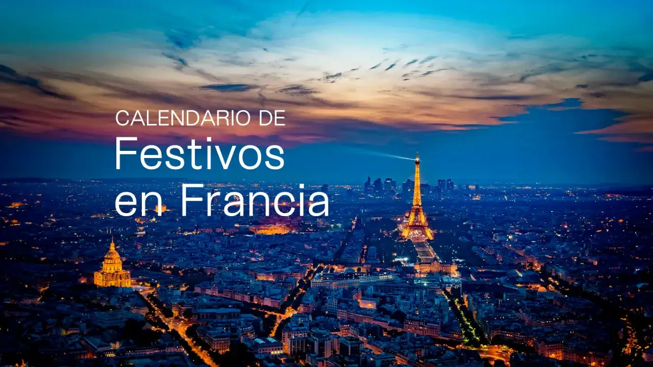 Vista nocturna de París con la Torre Eiffel iluminada. Texto: 