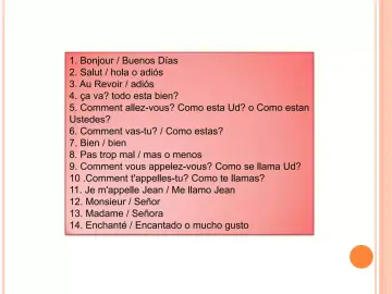 Lista de frases en francés y español. La número 2, "Salut", significa "hola o adiós" en español.