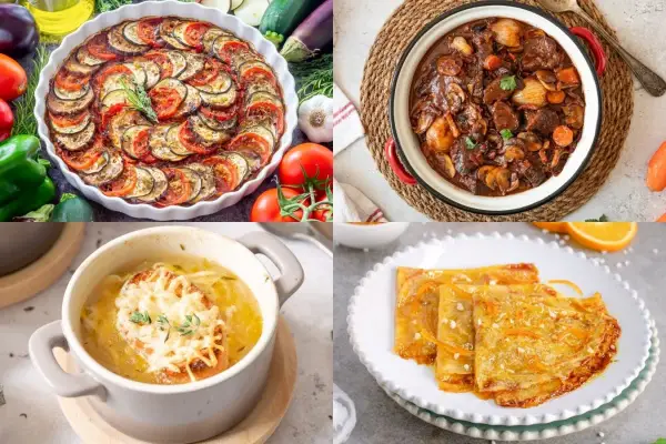 Cuatro platos de comida tradicional francesa: ratatouille, boeuf bourguignon, sopa de cebolla y crepes Suzette.