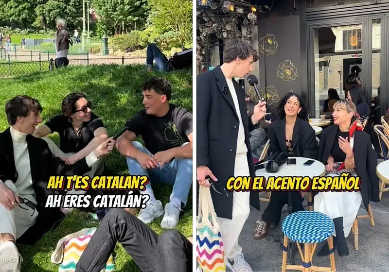 Dos escenas: jóvenes en un parque y en una terraza. Se pregunta cómo son los franceses, con acento español.