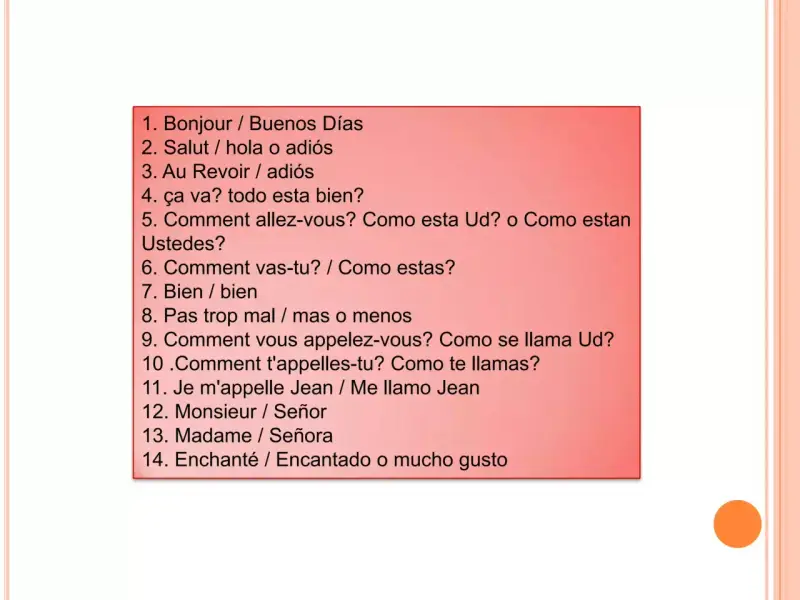 Lista de frases en francés y español. La número 2, "Salut", significa "hola o adiós" en español.